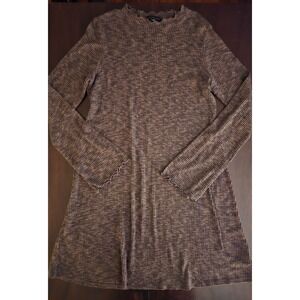 American Eagle Brown Ribbed Knit Lettuce Trim Mock Neck A-Line Mini Dress L